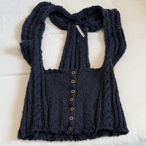 Navy Free People Button-Front Knit Halter Top
